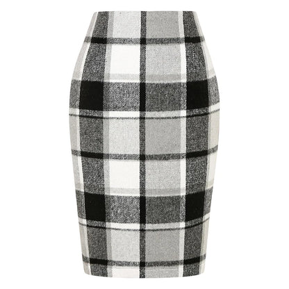 Women Tartan Plaid Thick Woolen Pencil Skirt Lined Back Invisible Zipper High Waist Bodycon Midi Skirt For Daily Casual Outings