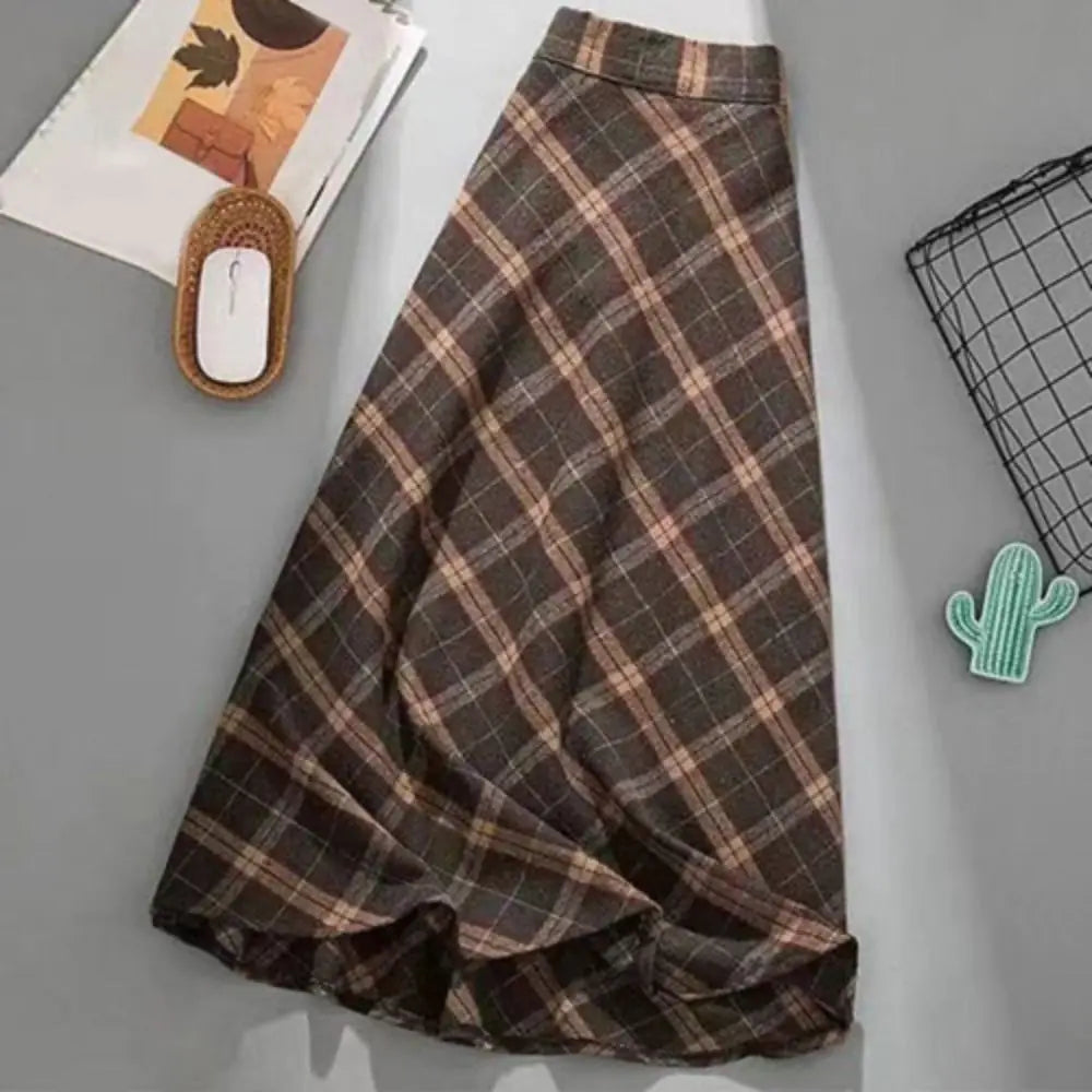High Waist Retro Plaid Skirt Slim Fit Winter Autumu High Waist Long Skirt Preppy Style Aesthetic A-line Half Dress Girls