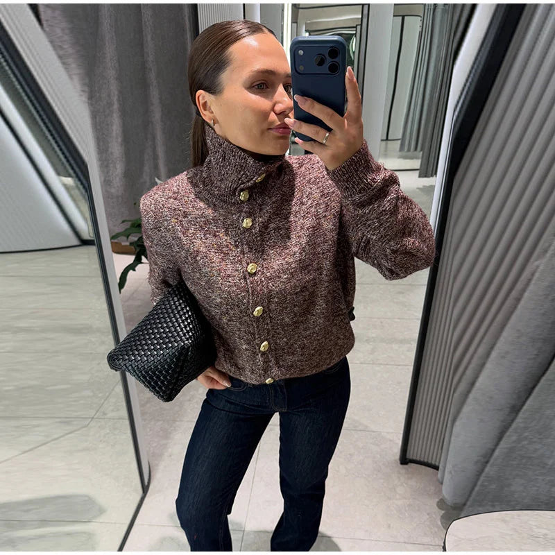 Fashion Marled Knitted Cardigan O-neck Single Breasted Long Sleeves Loose Sweater Women Casual Fashion Commute Autumn Sweaters