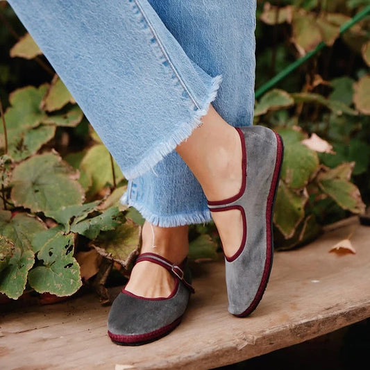 Gray Mary Jeans Flats Shoes Women Round Toe Hand Stitch Velvet Cloth Shoes Ladies Casual Soft Comfortable Ballet Shoes Loafers