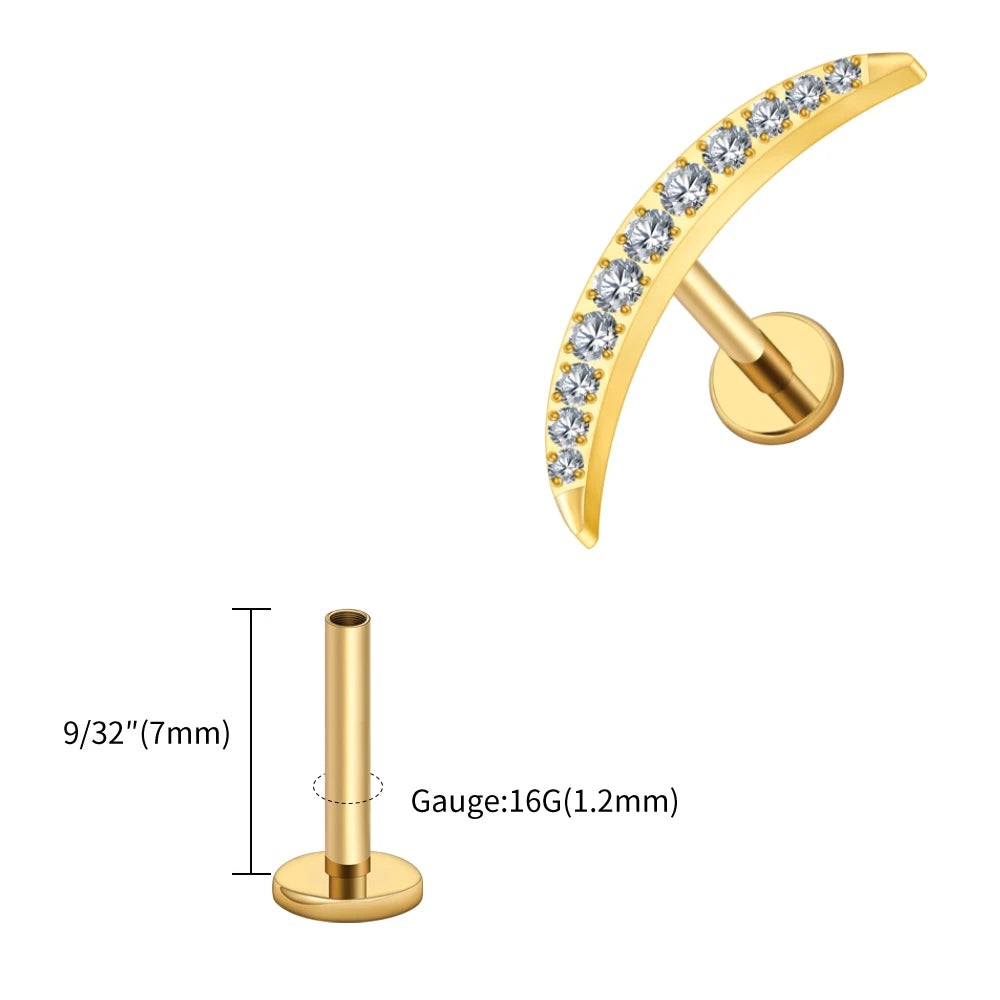 Right Grand ASTM F136 Titanium Long Crescent Moon Labret with CZ 16G Screw Back Climber Earring Helix Cartilage Tragus Piercing