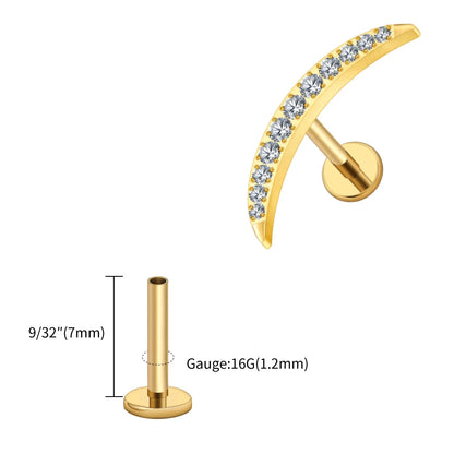 Right Grand ASTM F136 Titanium Long Crescent Moon Labret with CZ 16G Screw Back Climber Earring Helix Cartilage Tragus Piercing