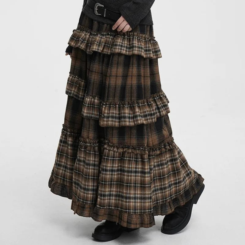 Midi Dress Vintage Plaid Skirt Women High Waist Skirt Ruffle Patchwork Irregular Hem Autumn Winter Line Slim Maxi Skirts Female