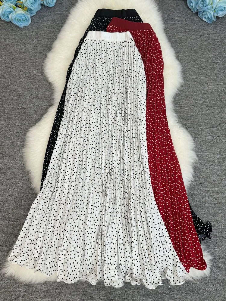 Polka Dot Print High Elegant A-line Pleated Long Skirt For Women 2025 Spring autumn Office Lady Casual Leopard Skirts