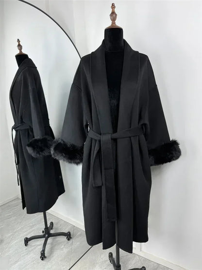 Retro Faux Fur Patchwork Woolen Maxi Coat Women Solid Full Sleeves V-neck Lace Up Loose Coats Lady Winter Commute Outwear New