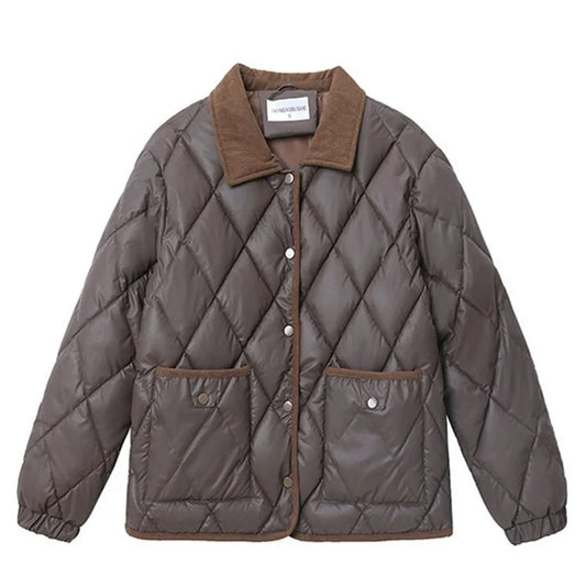 Autumn Winter Overcoat PU Leather Cotton-padded Jacket Women's Rhombic Lattice Short Coats Female Warm Outerwear No-wash Parkas