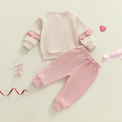 Citgeett Spring Toddler Girl Fall Outfits Bow Print Long Sleeve Ruffled Pullover Elastic Waist Pants Clothes Set