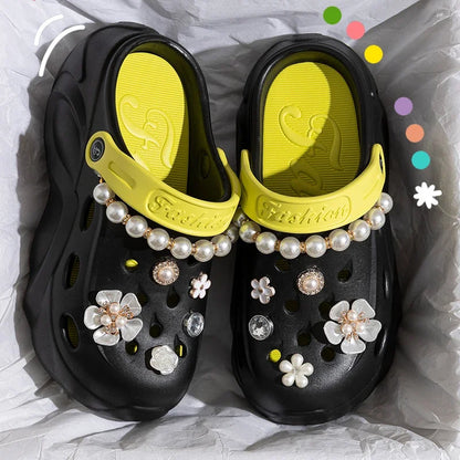 Summer Fashion Pearl Chain DIY Clogs Women 2025 Chunky Platform Slip On Sandals Women Thick Bottom EVA Slippers Shoes Woman Heel