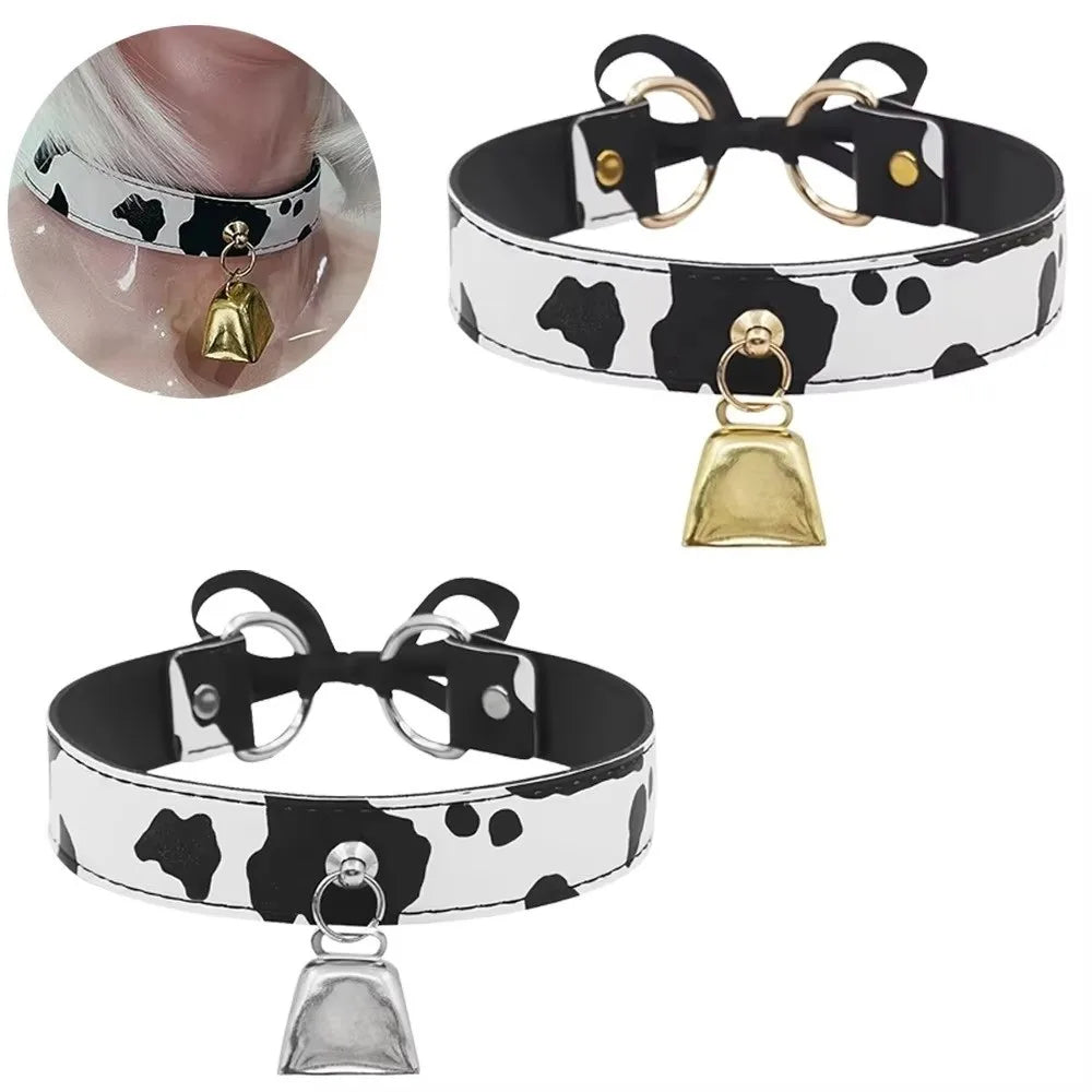 Sexy Leather Choker Necklace Cow Print Adjustable Bell Collar Women Necklace