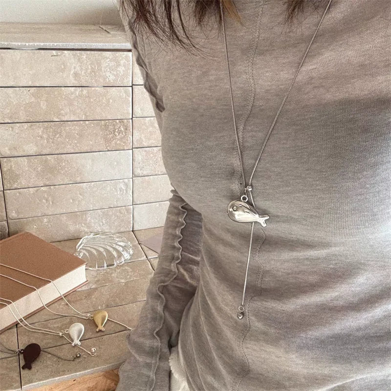 XIYANIKE Cute Golden Fish Braided Rope Adjustable Necklaces For Women Niche Fashion New Sweater Jewelry Accessory Gift Party