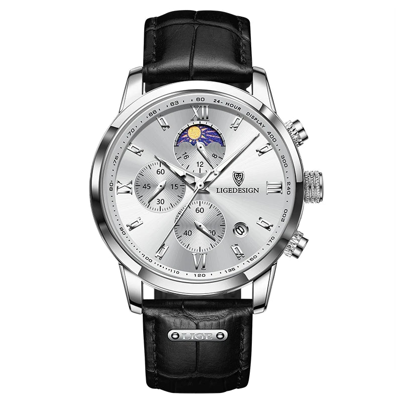 LIGE Luxury Fashion Women Watch Leather Strap Waterproof Casual Sport Quartz Wristwatch 24 Hour Moon Phase Clock Watch for Women