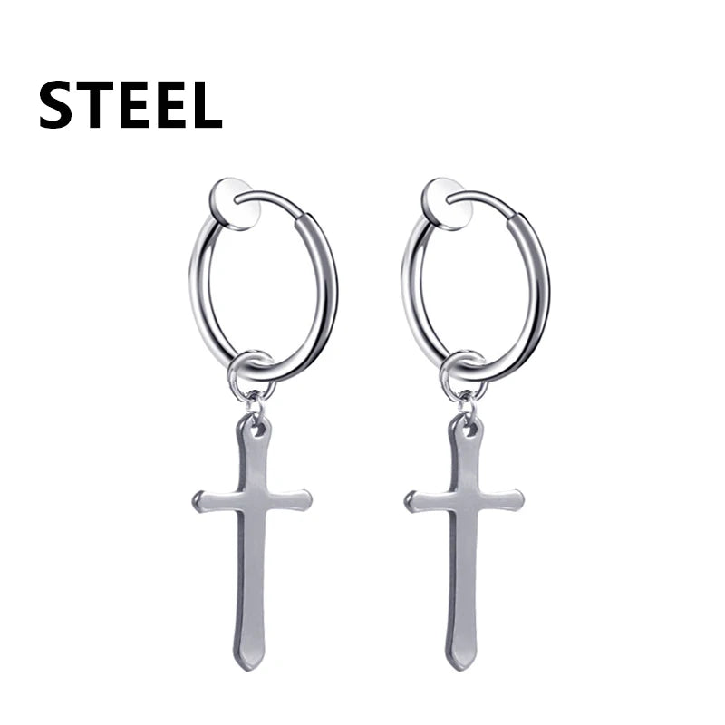 2PC Punk stainless steel Small Hoop Earrings for Men and Women Gothic Cross Ear Ring Pop Hip Hop Piercing Ear studs Jewelry