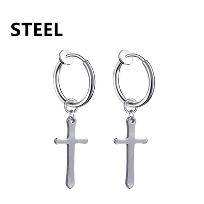 2PC Punk stainless steel Small Hoop Earrings for Men and Women Gothic Cross Ear Ring Pop Hip Hop Piercing Ear studs Jewelry