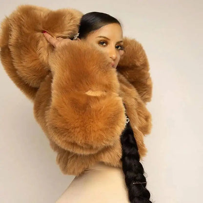 S-6XL Women Coat Autumn Winter Short Hooded Faux Fox Fur Coat Thick Warm Outerwear Fake Fur Woman Jackets Ladies Furry Coats