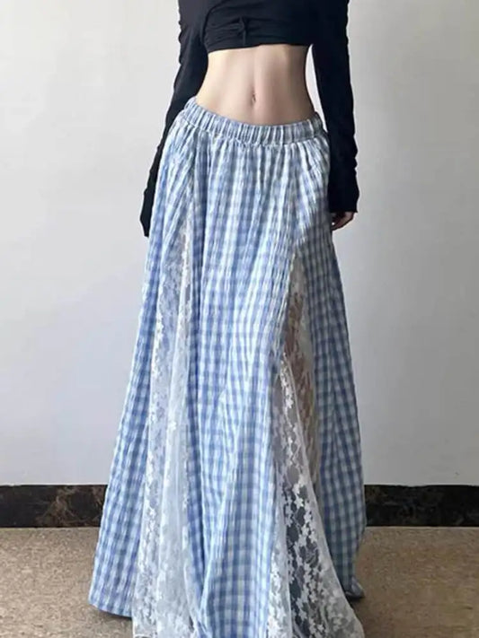 Elegant Blue Plaid Lace Patchwork High Waist Midi Skirt Slimming Unique Design Korean Style Casual Commute Long Skirt