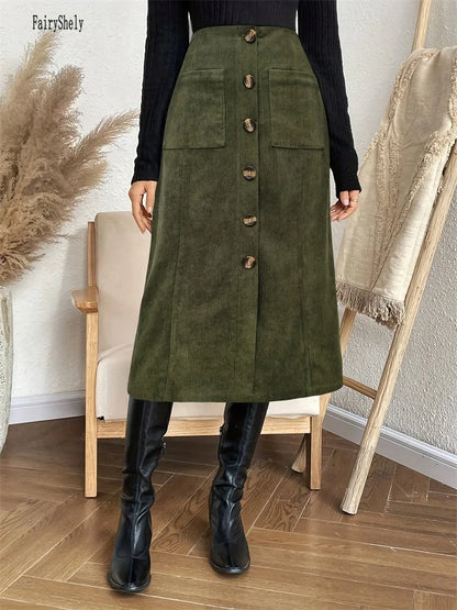 Causal Green Pocket Corduroy Long Skirt Women 2026 Winter High Waist Office Midi Skirt Ladies Elegant Elastic Button Work Skirt