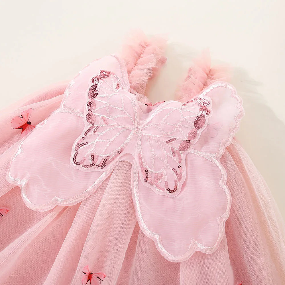 Party Dress for Kids Girl Summer Pink Butterfly Wings Mesh Dress Kids Birthday Clothes for Girl