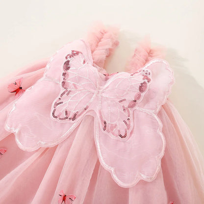 Party Dress for Kids Girl Summer Pink Butterfly Wings Mesh Dress Kids Birthday Clothes for Girl