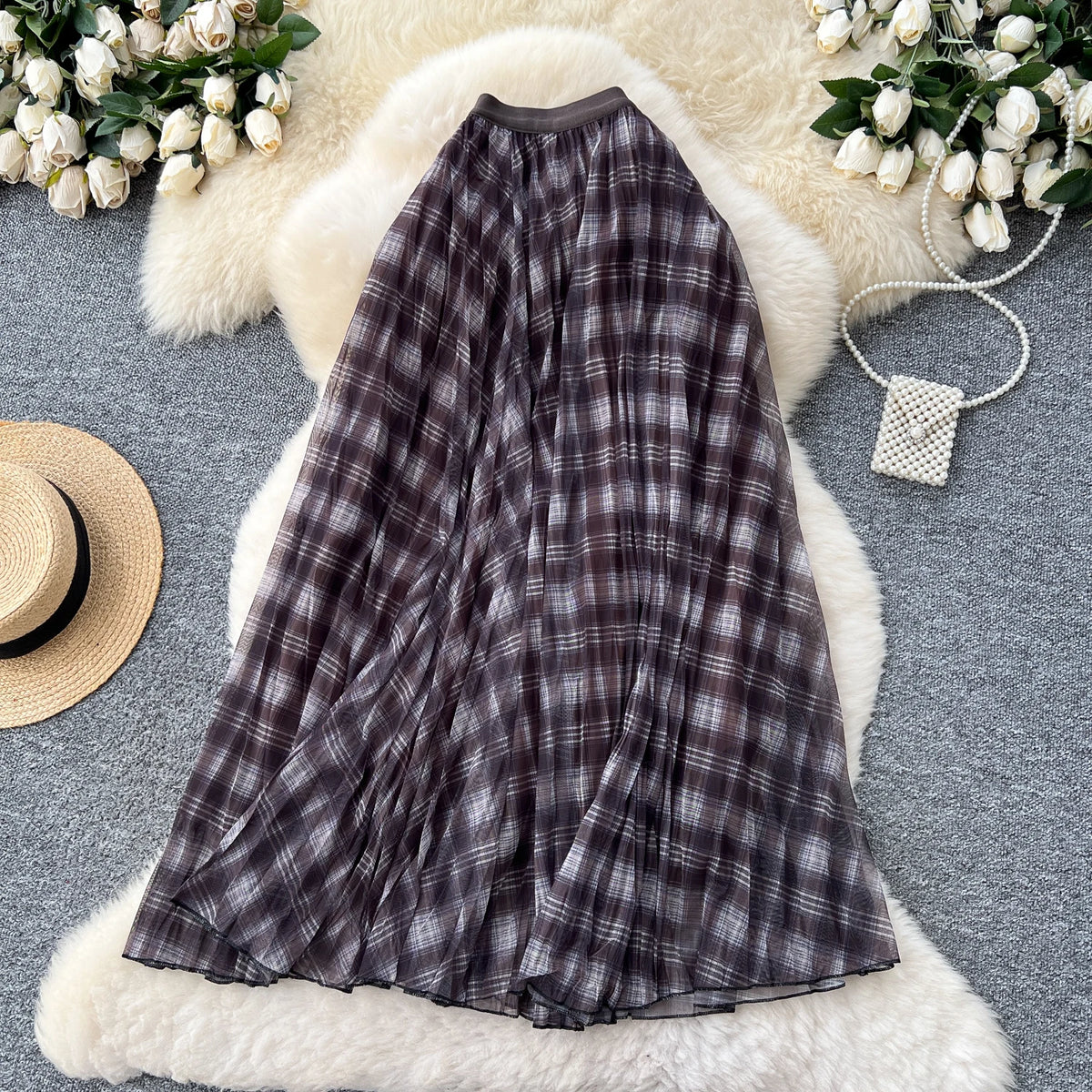 High Waist A-Line Midi Skirt Women's Plaid Elastic Waist Slimming Skirts Commute Korean Style Standard Fit Polyester Fiber