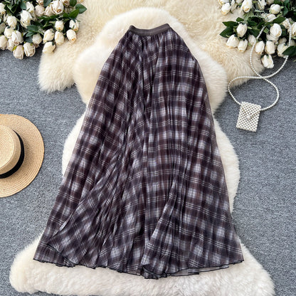 High Waist A-Line Midi Skirt Women's Plaid Elastic Waist Slimming Skirts Commute Korean Style Standard Fit Polyester Fiber