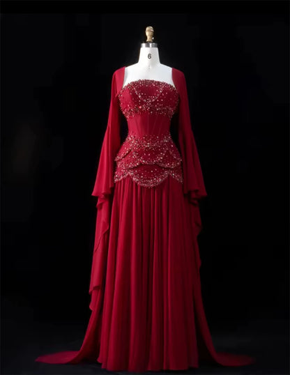 Mila Customized Burgundy Beaded With Shawl Prom Dress Strapless A-line Pleat Formal Evening Floor-Length Vestidos De Fiesta