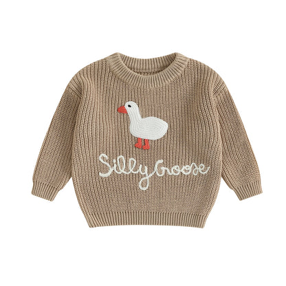 Toddler Baby Goose Sweater Animal Letter Embroidered Crewneck Long Sleeve Pullover Chunky Knit Tops