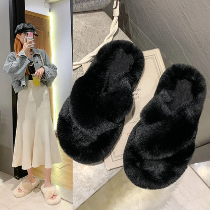 Fashion One Word Thick Fur Slippers Double Fur Slippers Casual Home Cotton Shoes for Women Flat Plush Cross Straps Slippers2025