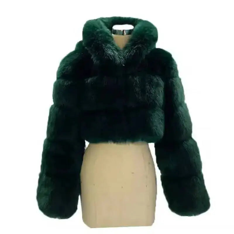 S-6XL Women Coat Autumn Winter Short Hooded Faux Fox Fur Coat Thick Warm Outerwear Fake Fur Woman Jackets Ladies Furry Coats