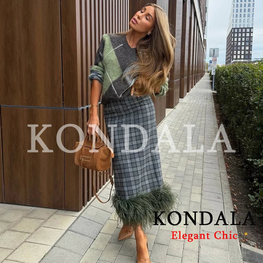 KONDALA Women Trendy Rhombus Contrasting Sweater Elegant Knitted Blouse 2026 Fall Fashion Holiday Party Commute Lady Sweater