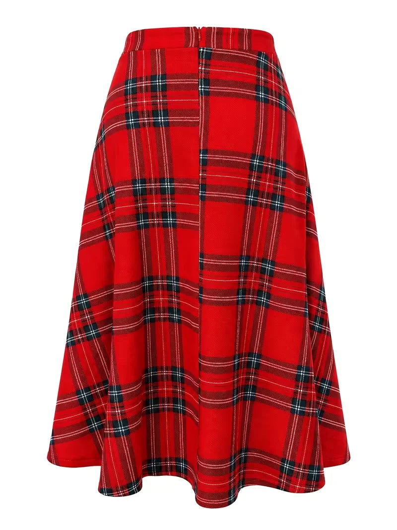 Women Vintage Plaid Skirts for Women Elastic High Waist  A Line Fall Winter Midi Knee Length Work Swing Casual Skirt