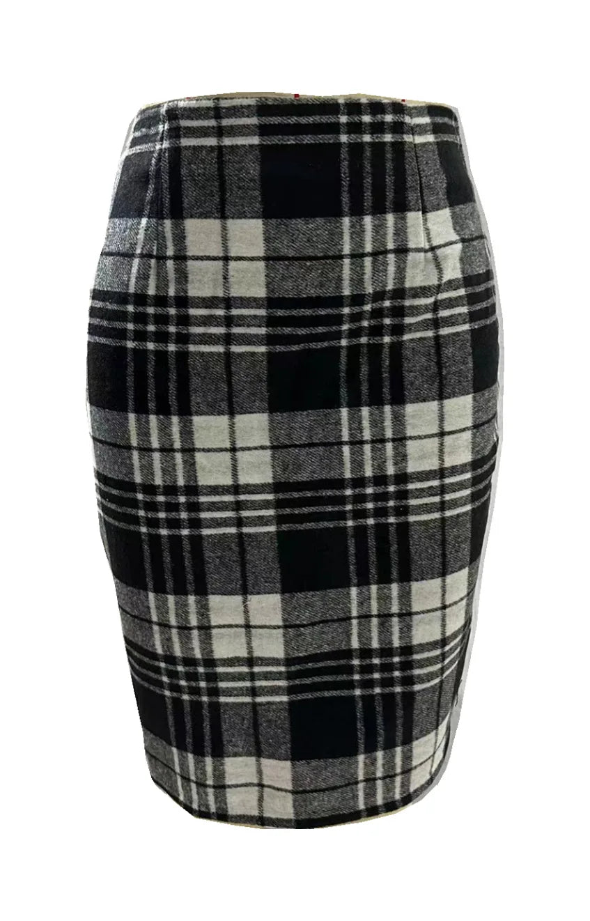 2025 Autumn and Winter Women's Plaid Hip Skirt Zipper Slim Wool Blend Fashion Office Pencil Skirts Midi Skirt