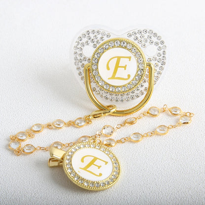 Transparent 26 Initial Letter Luxury Baby Pacifier with Chain Clip Newborn Bling Dummy Soother Chupeta