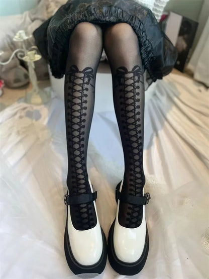 Sweet Lolita Leggings Japanese Girl's Bow Cross Tie White High Stockings JK Love Poker Women's Ultrathin Black Sexy Knee Socks