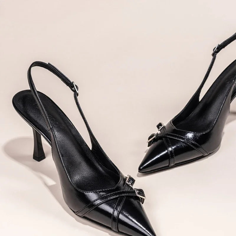 Fashionable Pointed Toe Shallow Mouth New High-heeled Shoes Summer Elegant Buckle Decorated Stiletto Black Women's Shoes NO:602