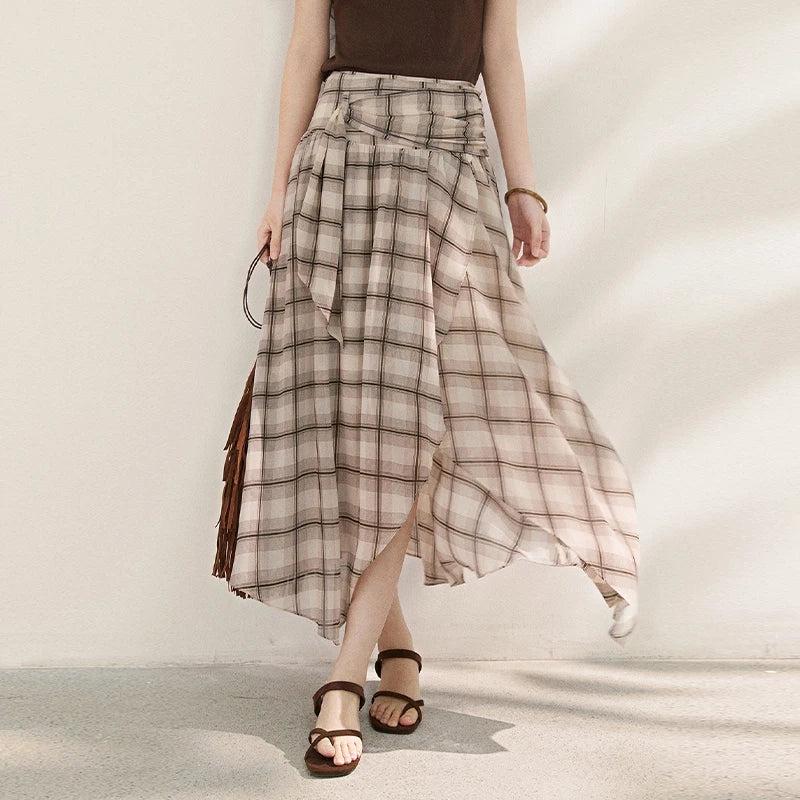 MISHOW New French-style Plaid Chiffon High-waist Skirt 2026 Summer Elegant Irregular Invisible Zipper Dress for Women MXF21B2493