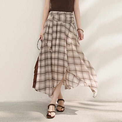 MISHOW New French-style Plaid Chiffon High-waist Skirt 2026 Summer Elegant Irregular Invisible Zipper Dress for Women MXF21B2493