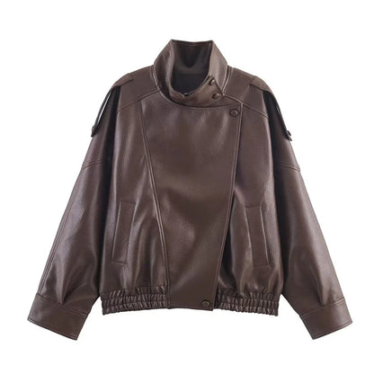 Fashion Stand Collar Women's Leather Jacket Loose Aasymmetric Zipper Buttons Full Sleeve Coat 2026 Spring Lady Biker Streetwear