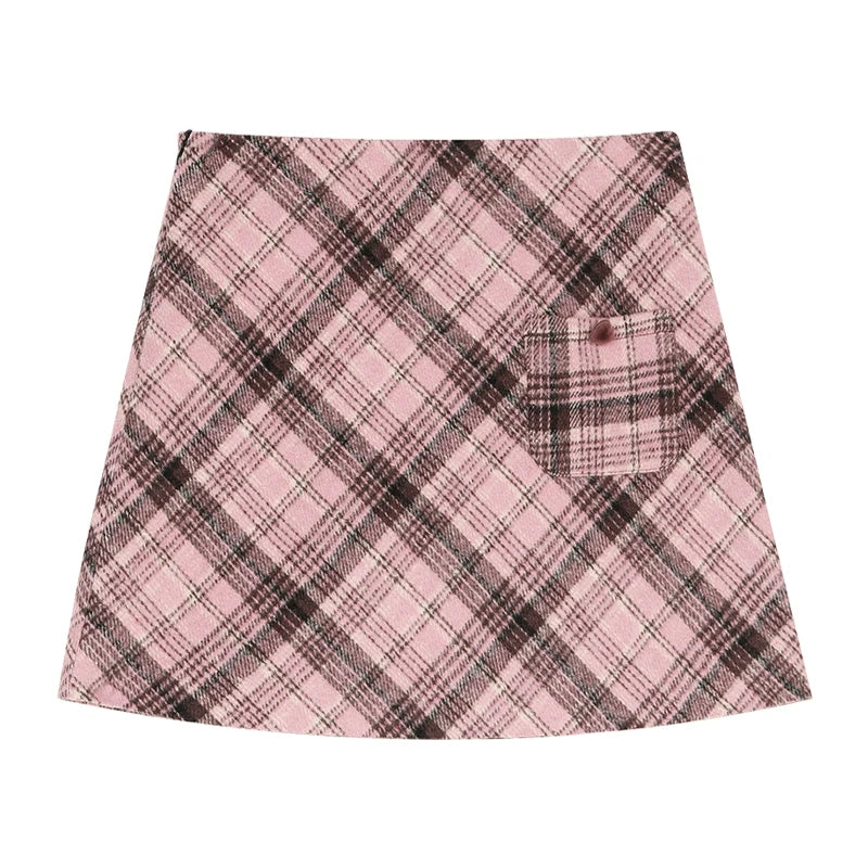 ELFSACK  Winter Casual Plaid Wool Blend Color Block A-Line Skirt For Woman