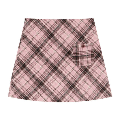 ELFSACK  Winter Casual Plaid Wool Blend Color Block A-Line Skirt For Woman