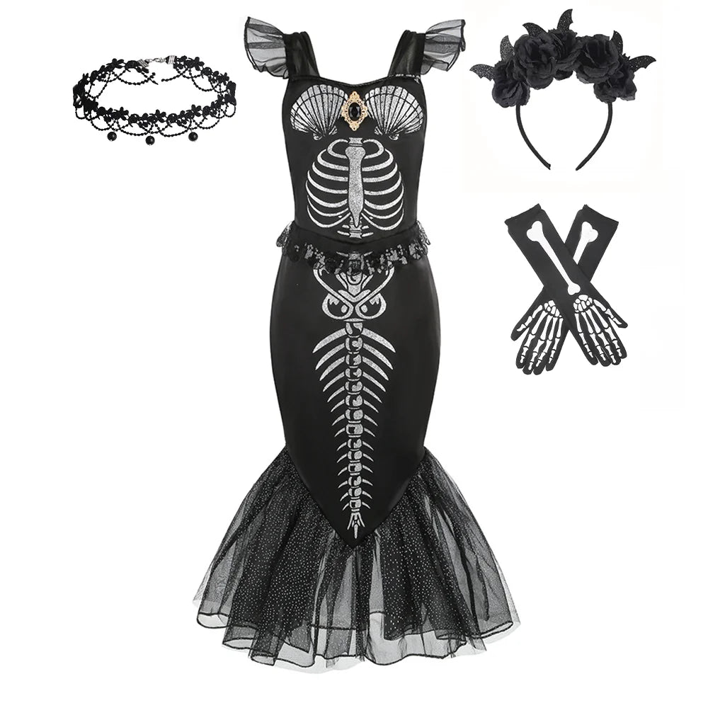 2-10Yrs Girls Halloween Party Skeleton Print Mermaid Princess Dress Gothic Style Black Trumpet Skirt Siren Ariel Cosplay Costume