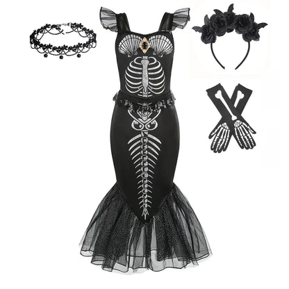 2-10Yrs Girls Halloween Party Skeleton Print Mermaid Princess Dress Gothic Style Black Trumpet Skirt Siren Ariel Cosplay Costume