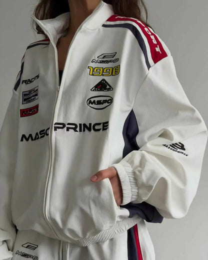 American White Racing Suit Set Women Red White Navy Blue Contrasting Embroidery Loose Jacket Wide Leg Sports Pants Two-piece Set