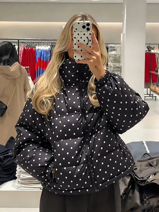 Women's Retro Polka Dot Cotton Coat Chic Stand Collar Zip Up Bubble Sleeve Loose Jacket Winter ﻿New Lady Casual Daily Outwear