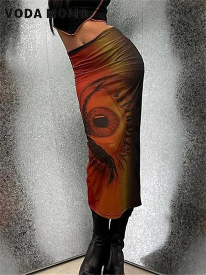 Retro Y2k Fairy Grunge Clothing Summer Trend Sexy Eye Print Midi Skirts Women Harajuku High Waist Goth Dark Tie Dye Long Skirt