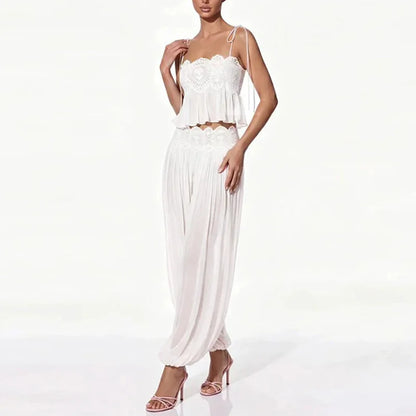 Women Pant Set Sheer Layers Spaghetti Strap Backless Lace Top Straps Solid Loose Straight Elastic Hem Fashion Beach Chic Suits