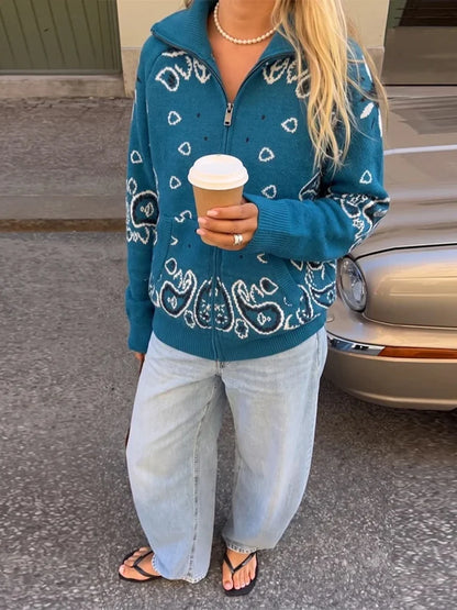 Casual Women's Jacquard Knit Cardigan Loose Stand Collar Zipper Long Sleeve Pockets Sweater 2026 Autumn Lady Vintage Sweaters