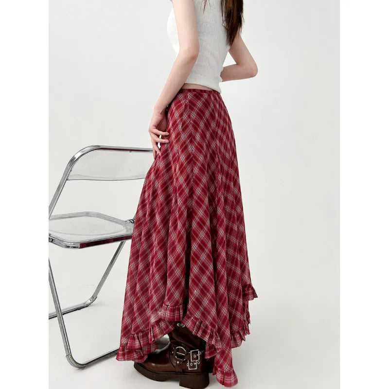 Women's Red Plaid Asymmetric Ruffle Skirt
