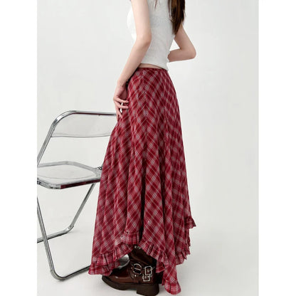 Women's Red Plaid Asymmetric Ruffle Skirt