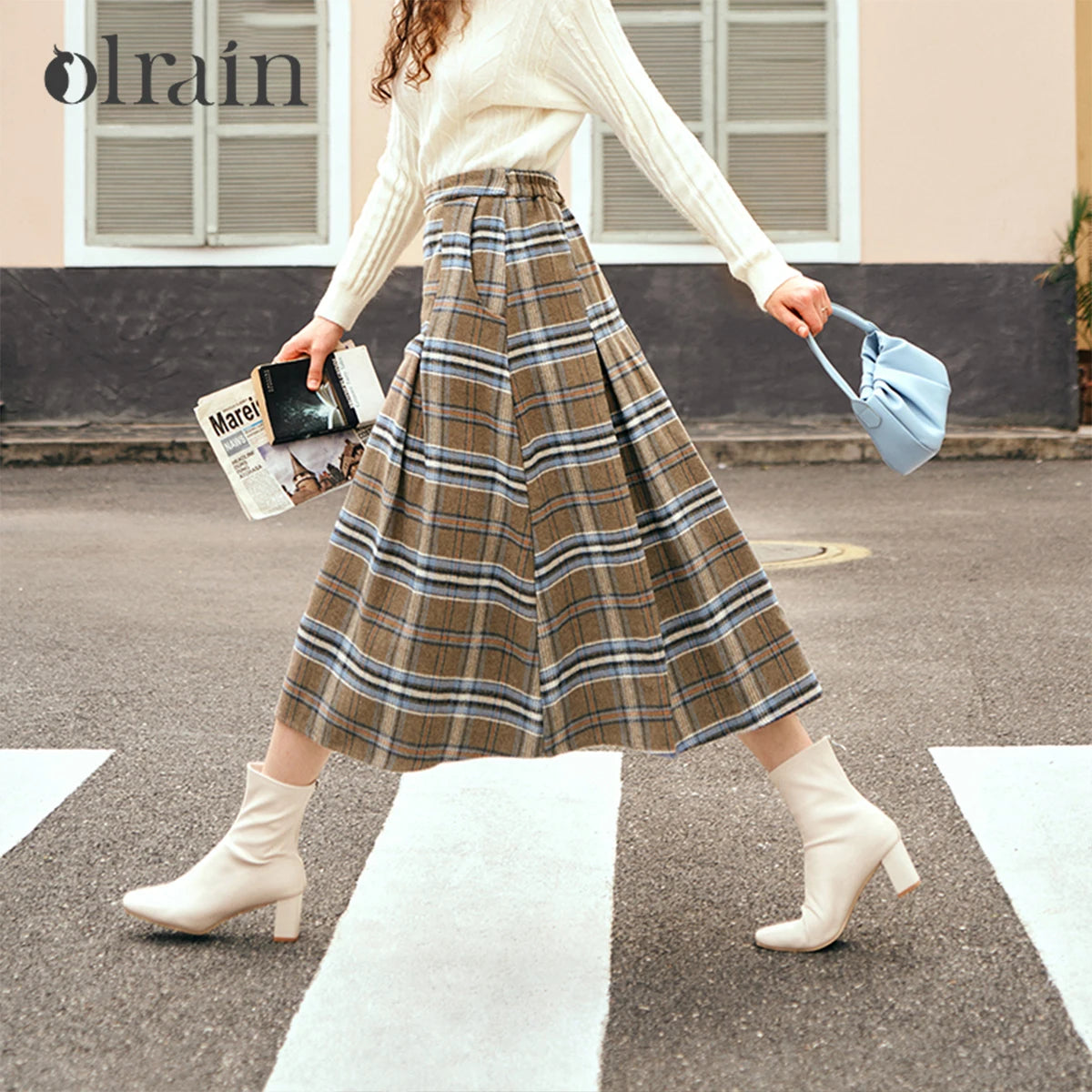 OLrain Women's Plaid Pleated Skirts Autumn 2026 French Style A-line Vintage Spliced Wool Blend High-waist Midi Skirt O23DB89110