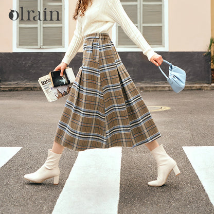 OLrain Women's Plaid Pleated Skirts Autumn 2026 French Style A-line Vintage Spliced Wool Blend High-waist Midi Skirt O23DB89110